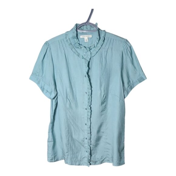 Banana Republic Silk Cotton Ruffle Teal Short Sleeve Button Top Size XL - Picture 1 of 9
